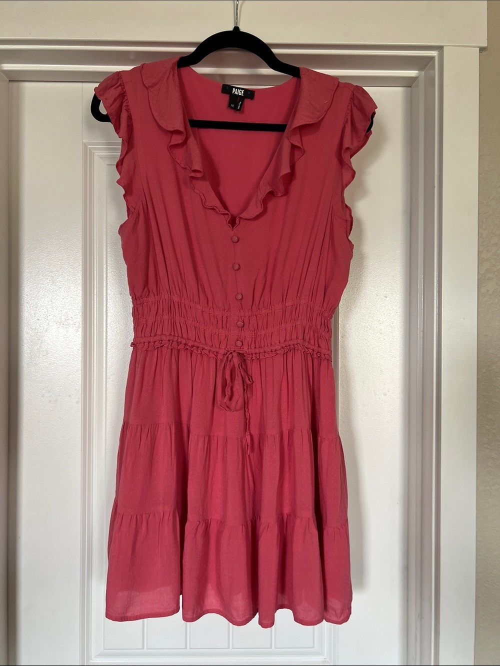 PAIGE Paradis Ruffle Trim Tiered Mini Dress in Dusty Bubblegum Size M